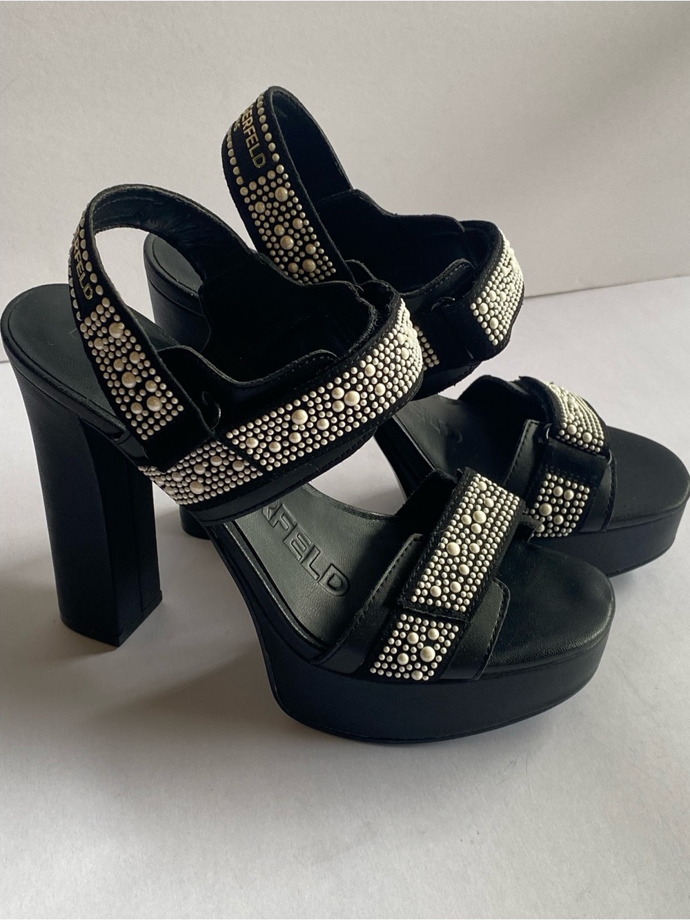Karl Lagerfeld Paris Pearl Embellished Platform Block Heels Women’s Size 7